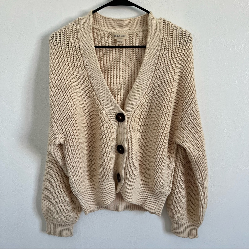 Sister Katie Cbk Cream Chunky Knit Button-Front Sweater Cardigan Size Small — image 2 of 8
